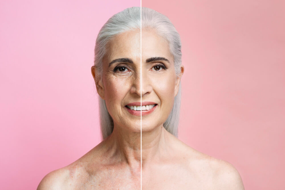 happy old woman anti aging face yoga